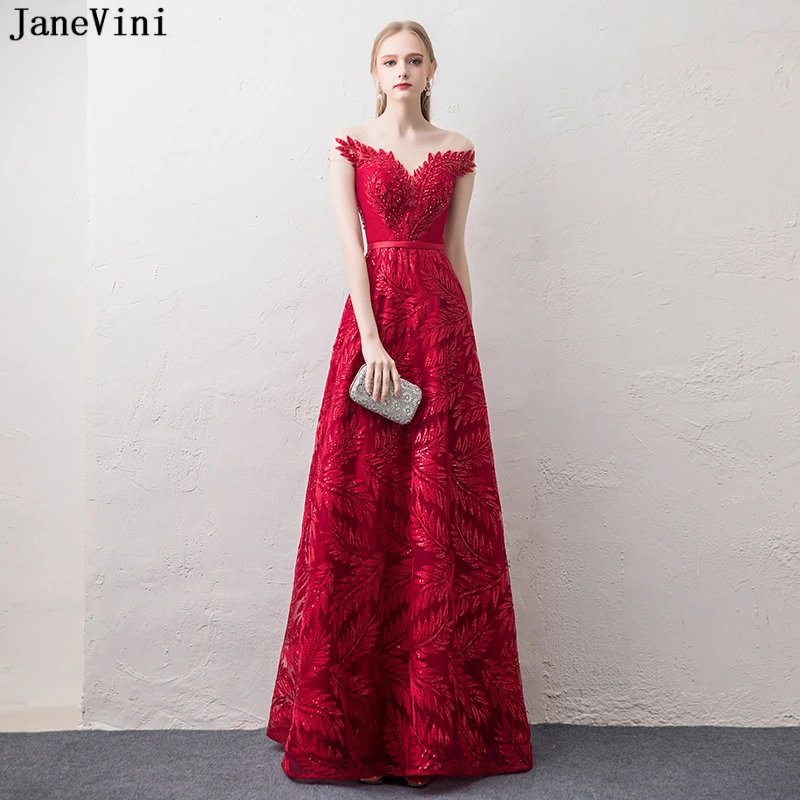 

JaneVini 2018 Elegant A Line Burgundy Sequined Long Bridesmaid Dresses Sheer Scoop Neck Backless Tulle Women Formal Party Gowns