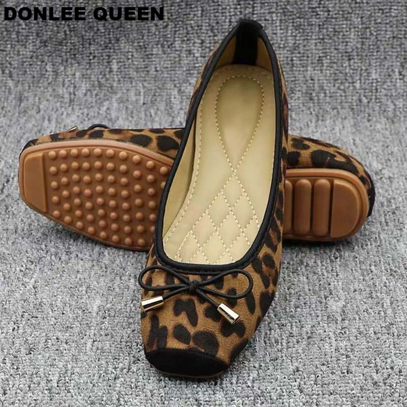 Туфли DONLEE QUEEN женские леопардовые балетки на плоской подошве квадратный носок
