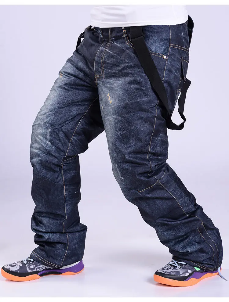 Men black 30 cheap Women Snow pant outdoor sports wear Strap trousers snowboarding Clothing waterproof windproof bib ski pant Denim style - Цвет: Men black