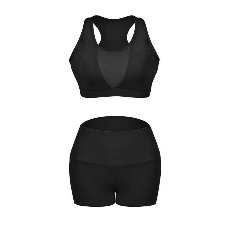 Женский спортивный комплект однотонные сетчатые топы быстросохнущие с шортами