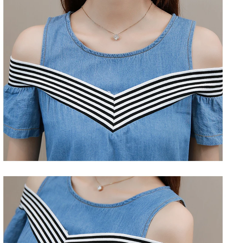 5Xl размера плюс джинсовые платья для женщин в полоску миди с открытыми плечами О