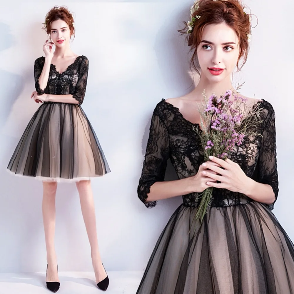 

prom dresses sexy black tulle lace vestidos de festa longo knee-length prom dress with half sleeves v-neck prom gown