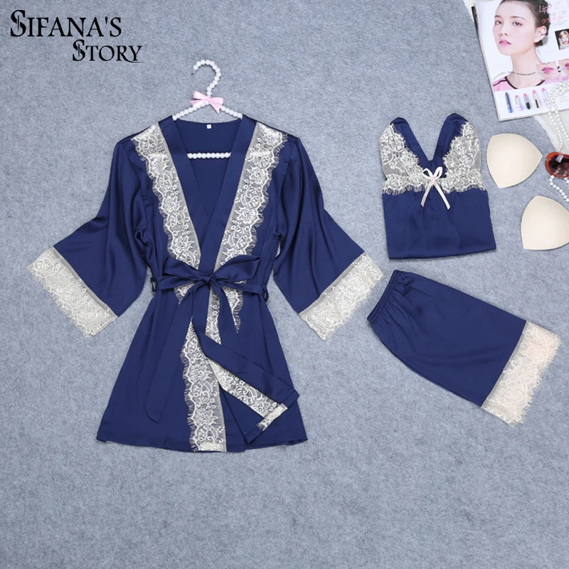 Женский сексуальный Шелковый Атласный халат кружевной комплект из 3 предметов