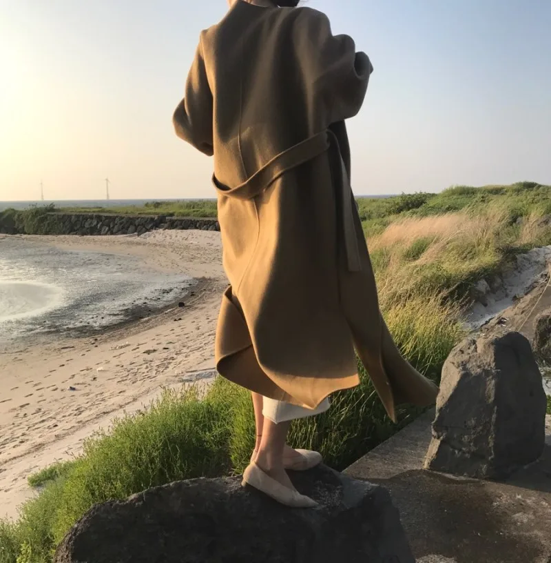Женское зимнее шерстяное пальто с поясом, теплое приталенное модное повседневное офисное Женское пальто, куртка цвета хаки, черный, большие размеры