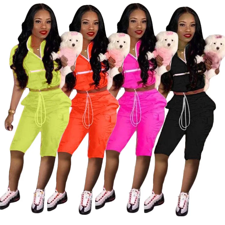 Женский Тренч с короткими рукавами на молнии длинные штаны спортивный костюм из