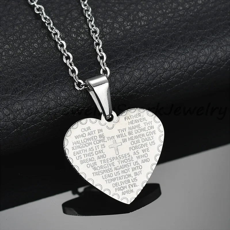 Steel color Искра из нержавеющей стали, Библейский крест, сердце, кулон, ожерелье, Религиозные ювелирные изделия, Христианская молитва, Писание, цепочка, ожерелье для женщин - Окраска металла: Steel color
