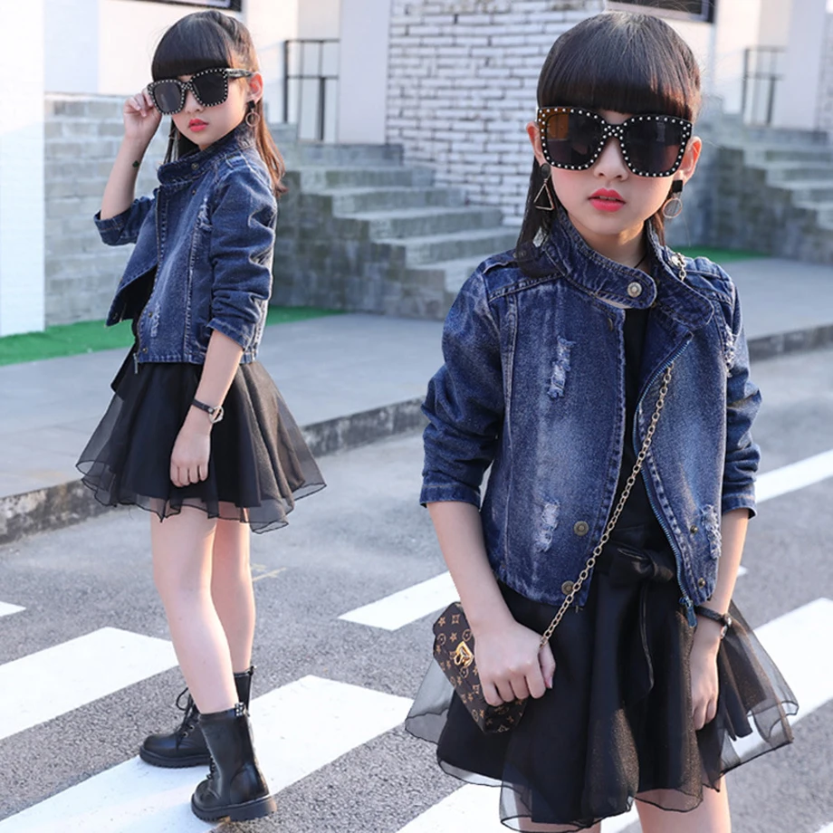 Осенняя детская одежда джинсовая куртка + Сетчатое платье с бантом модная для