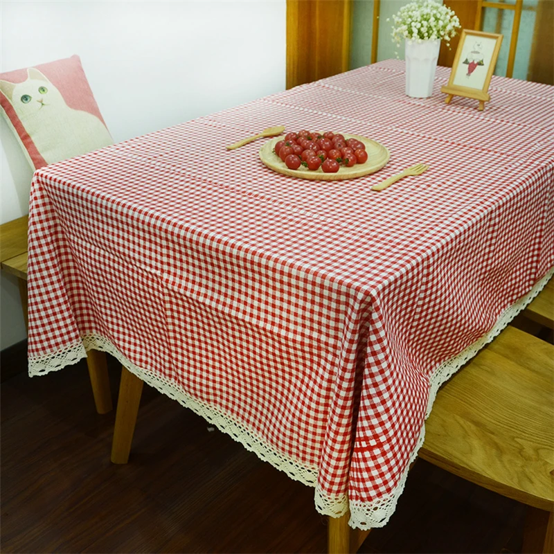 Fashion With Lace Red Checked Plaid Style Korean Pastoral Cotton Linen Multi - Size Tablecloth | Дом и сад