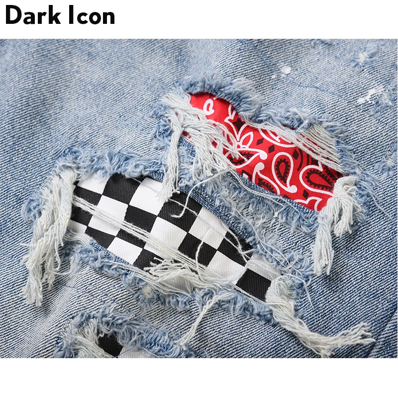 Мужские джинсовые шорты в клетку Dark Icon рваные с заплатками уличная мода лето 2019 |