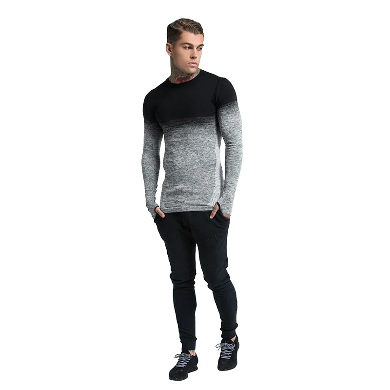 T Shirt Men Casual Fashion Long Sleeve Slim Fit Gradient Color O-Neck Summer Male Tee Tops EU Size M-3XL | Мужская одежда