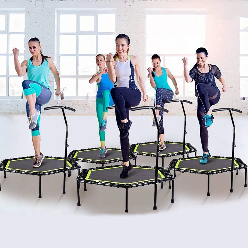 48 Inch Hexagonal Muted Fitness Trampoline with Adjustable Handrail for Indoor GYM Jump Sports Adults Kids Safety
