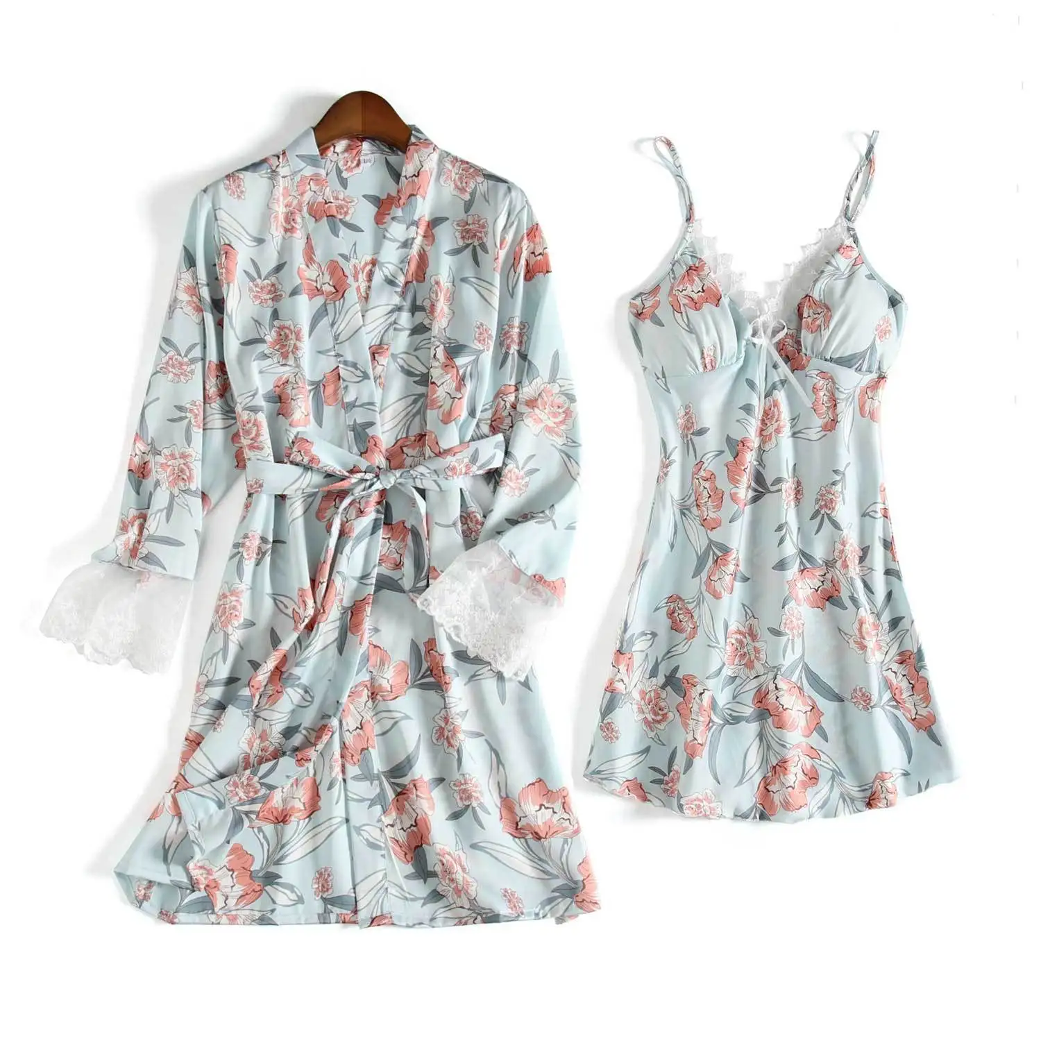 BZEL, новинка, Атласный халат для женщин, 2 шт., халат и платье, наборы, v-образный вырез, цветочный принт, Халат+ сарафан, летний домашний халат, Женский пижамный комплект