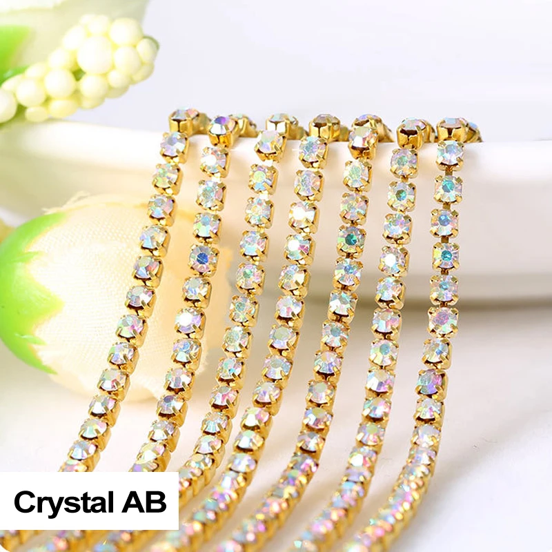 Стразы цепь кристалл AB SS6/SS8/SS10/SS12 Золотой Коготь 3 ярда для одежды Бесплатная
