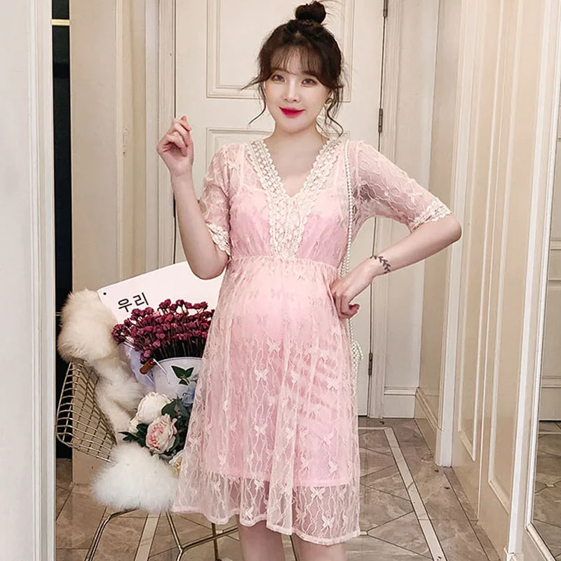 Летние кружевные платья для беременных женщин одежда с v-образным вырезом
