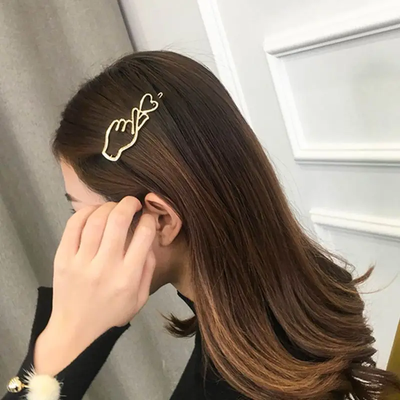 Korean Creative Finger Heart Shaped Bobby Pins Women Girls Polished Metallic Gold Silver Hair Clips Hollow Geometric Barrettes| |
