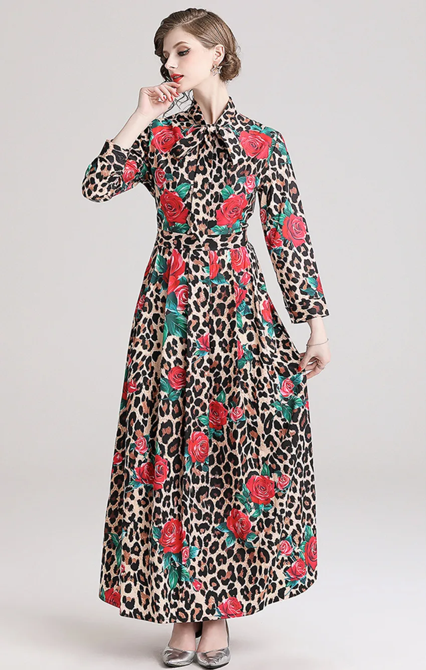 Женское длинное платье с леопардовым принтом HAMALIEL весеннее элегантное и бантом