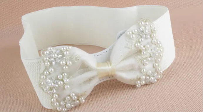 

Newest Free shipping new fashion popular pearl bow cummerbund lace decoration trench wide elastic waist belt cummerbunds women
