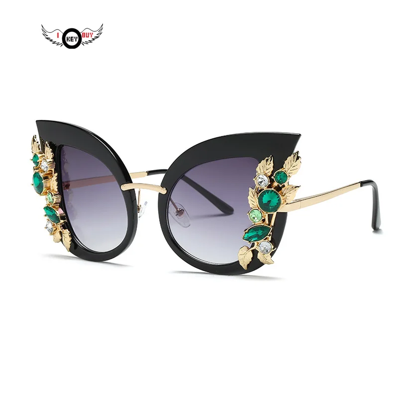 Черный Diamond Flowers Sun Glasses Cat Eye Sunglasses Women Ladies Oversized Metal Frame Gradient Gafas Sunwear Female Eyewear - Название цвета: Черный