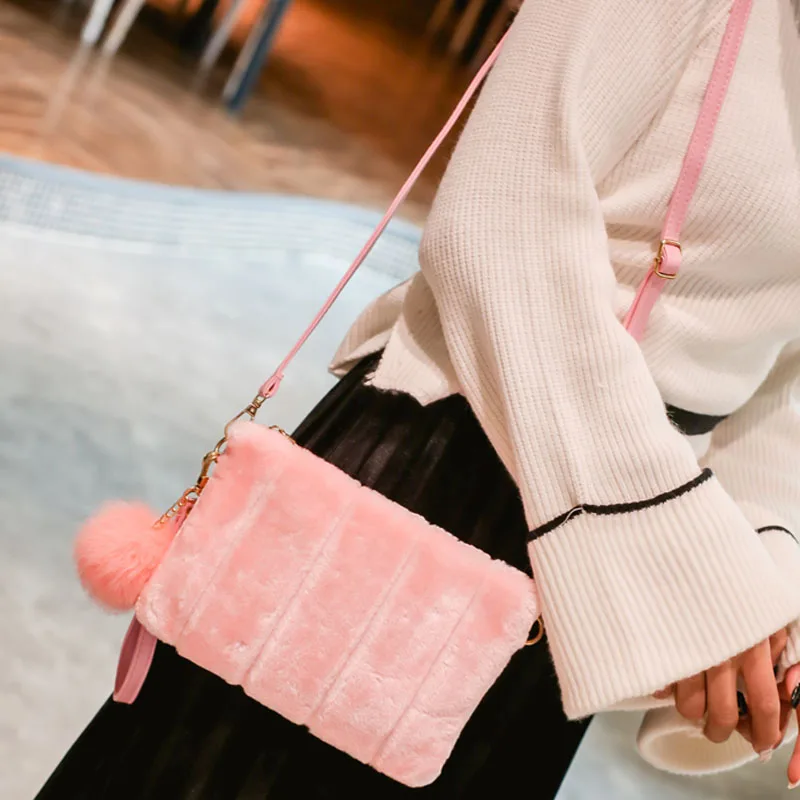 Зимняя женская сумка-клатч с плюшевым помпоном однотонная сумка Женская