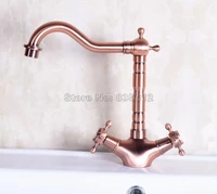 single hole antique red copper swivel spout bathroom basin faucet dual handles vessel sink mixer taps deck mounted wnf255