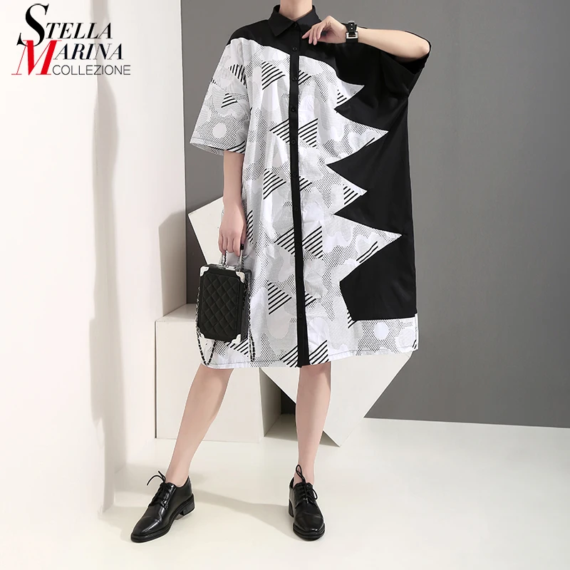 New 2019 Korean Style Women Summer Clothing Plus Size Shirt Dress Geometrical Pattern Printed Female Casual Midi Robe 5113 | Женская