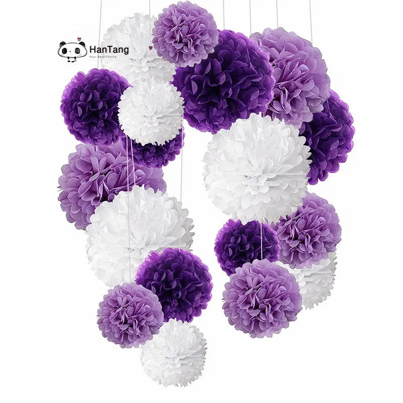 5pcs/Pack 15cm,20cm, White/Light Purple Tissue Paper Pom Poms For Baby Girl Princess Birthday Party Wedding Party Decoration 5z
