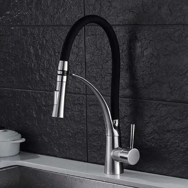 Brush Nickel Вытяжной кухонный кран золотой кран горячей и холодной воды смеситель на бортике для кухонной раковины с резиновым дизайном ELK909G - Цвет: Brush Nickel