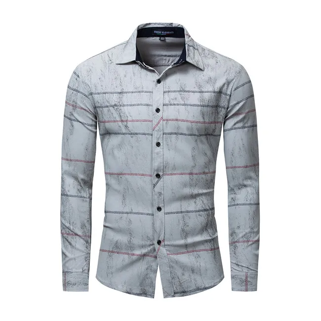 Мужская приталенная рубашка в полоску серая или темно-синяя классическая