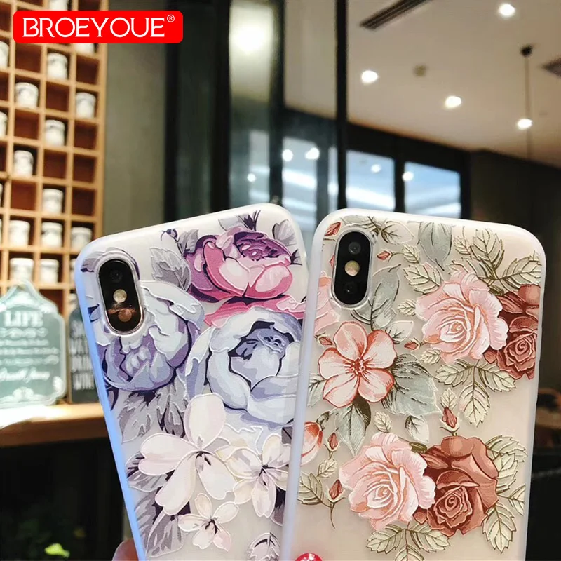 BROEYOUE чехол для iPhone X 5 5S SE 6 S 7 8 3D мягкий рельеф ТПУ Симпатичные Florals Силиконовые
