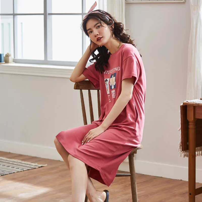 

Летняя ночная рубашка из 100% хлопка с надписью, женские ночные рубашки, удобная мягкая женская одежда для сна с коротким рукавом и круглым вырезом