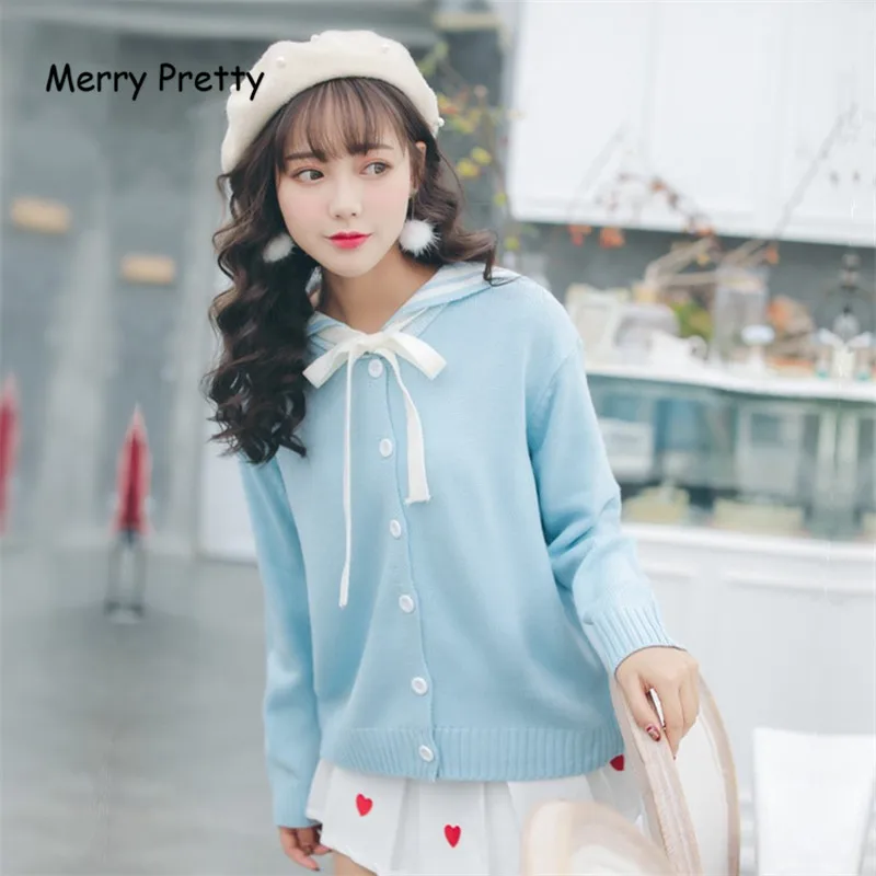 Merry Pretty, Новинка осени, женские кардиганы, свободная верхняя одежда, зимняя, консервативный стиль, трикотаж, милый, Kawaii, красный галстук-бабочка, белые свитера для девочек