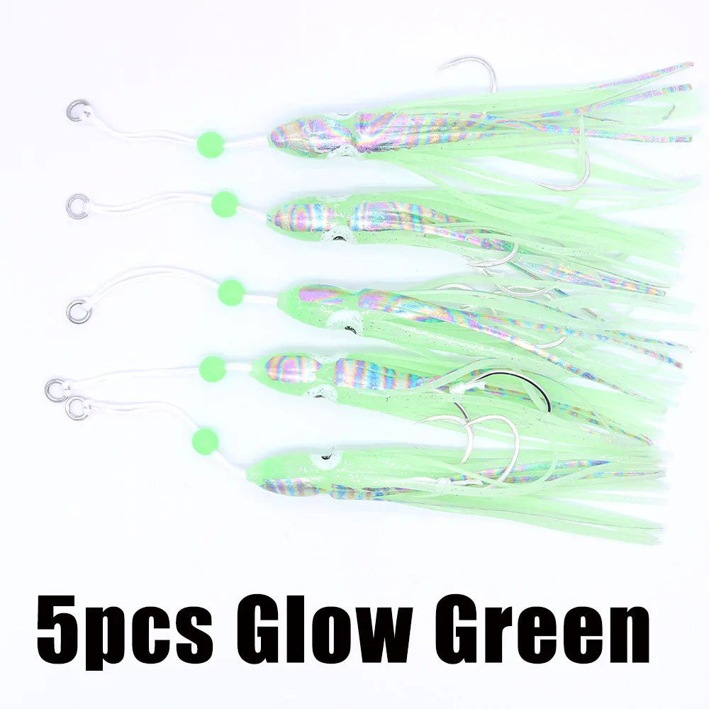 5PCS Glow Green Casfun 5 шт. светящиеся резиновые кальмары джиг крюк юбка светящиеся осьминог приманки с BKK крючки для металла джиг - Цвет: 5PCS Glow Green