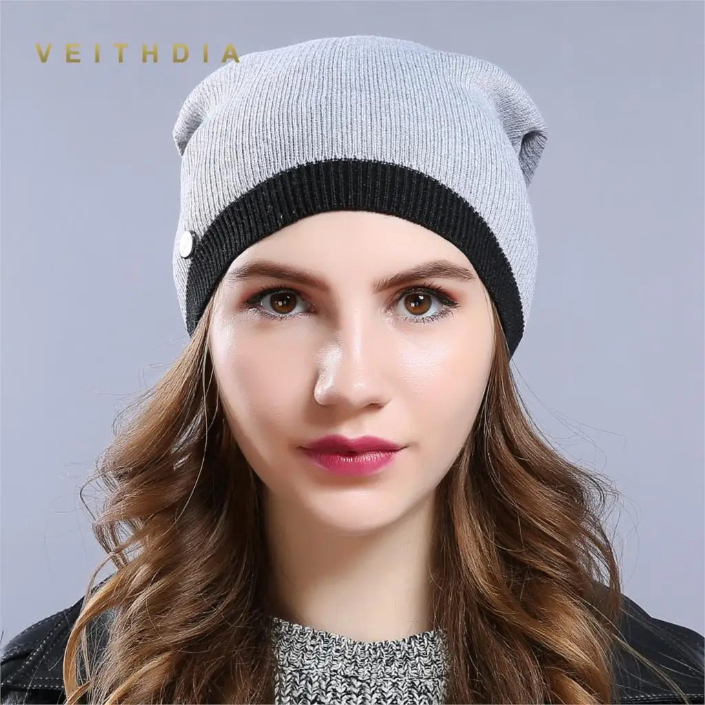 Женские шапки VEITHDIA вязаные шерстяные в полоску высокого качества на осень и зиму