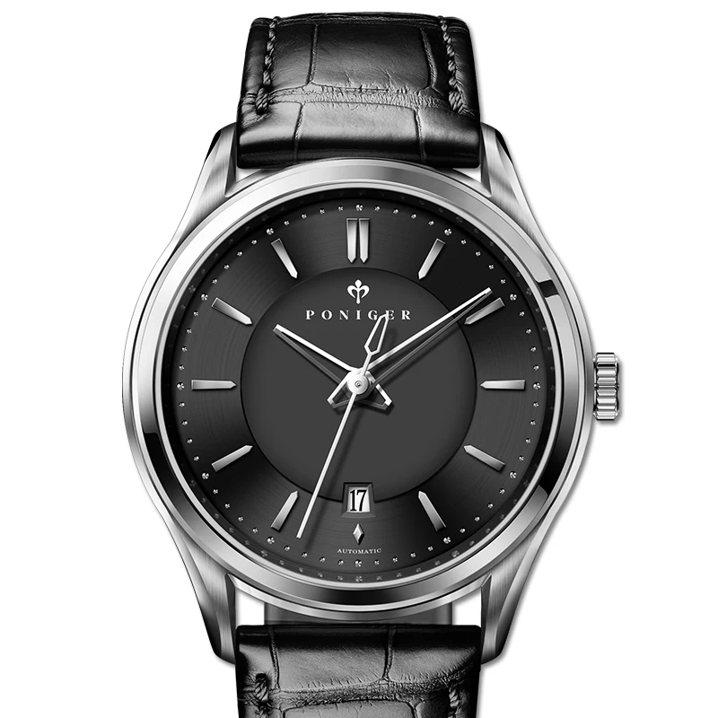 PONIGER мужские деловые 50 м водонепроницаемые Модные нарядные автоматические механические наручные часы с календарем и кожаным ремешком