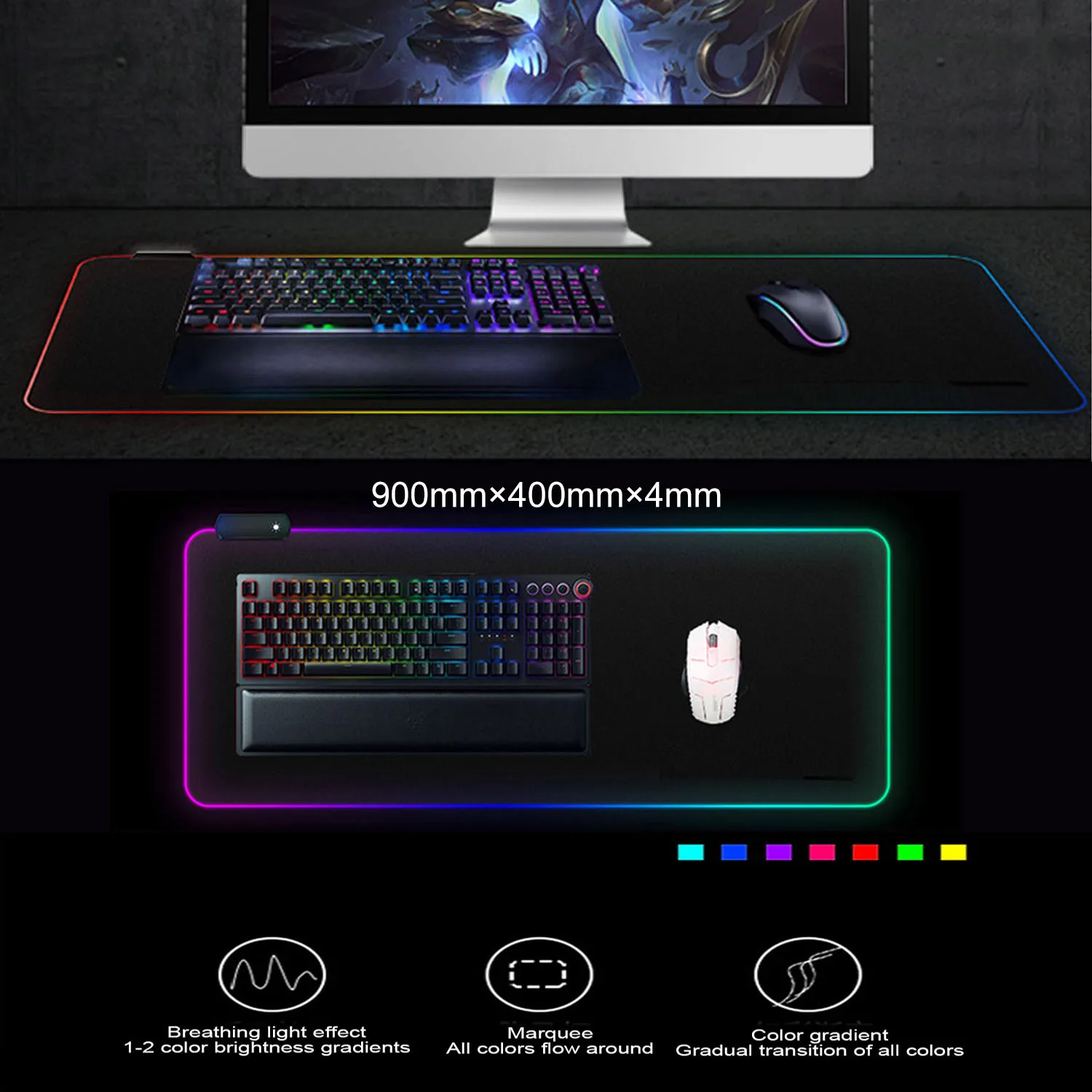 Большой коврик для мыши Besegad 400*900 мм RGB USB проводной светодиодный подсветка
