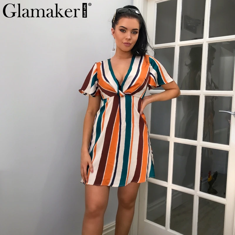 Женское мини-платье в радужную полоску с v-образным вырезом Glamaker вечернее платье