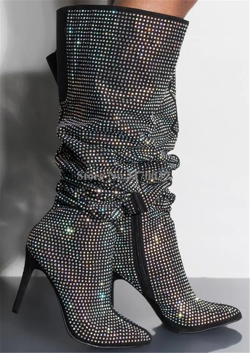 Шикарные Модные женские ботфорты с острым носком стразы на шпильке черные сапоги