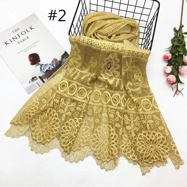 

Cotton Women Scarf Two Sides Lace Floral Edges Muslim Hijab ShawlHeadscarf Foulard Plain Color Bandana Femme Musulman 90x180cm