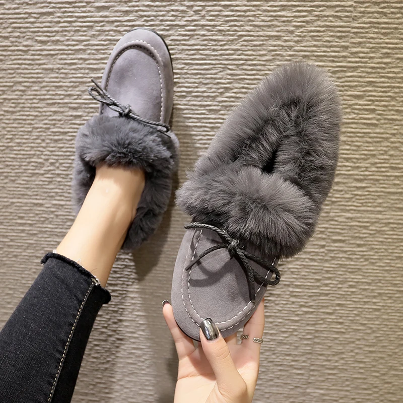 Women's Flats Fall Winter 2019 Fashion Fleece Faux Fur Loafers Black Brown Grey with Lace Bow Female Shoes | Обувь