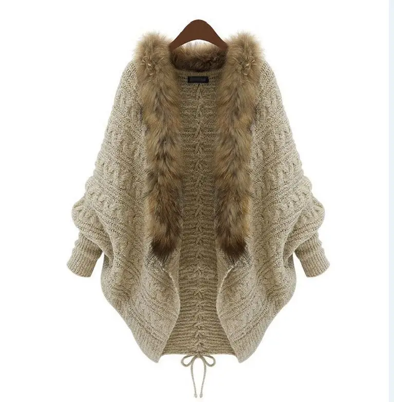 2021 Oversize Loose Cape Winter Women Fur Neck Knitted Cardigans Female Long Batwing Sleeves Vintage Open Stitch Sweater Shirt |
