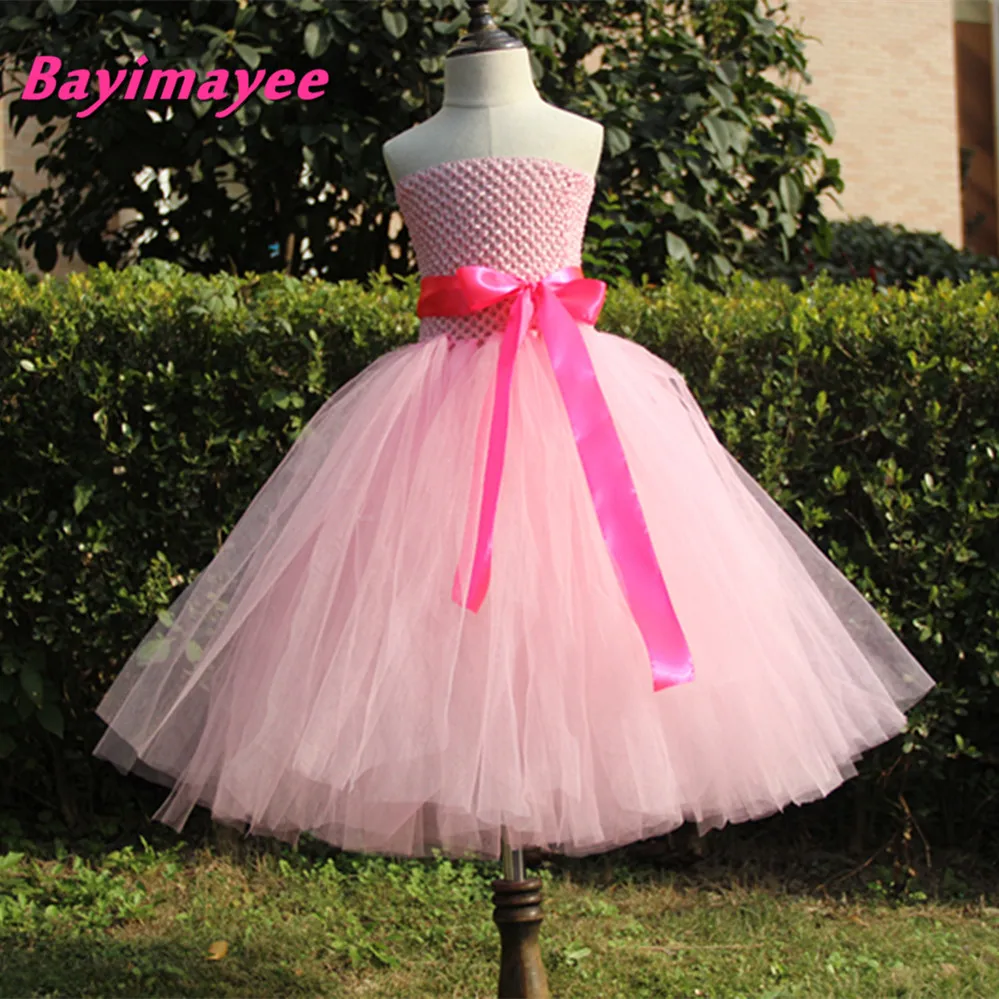 Cute Girls Pink Crochet Long Tutu Dress Kids Fluffy Corset Tulle Tutus Ball Gown with Ribbon Bow Children Wedding Party Dresses | Детская