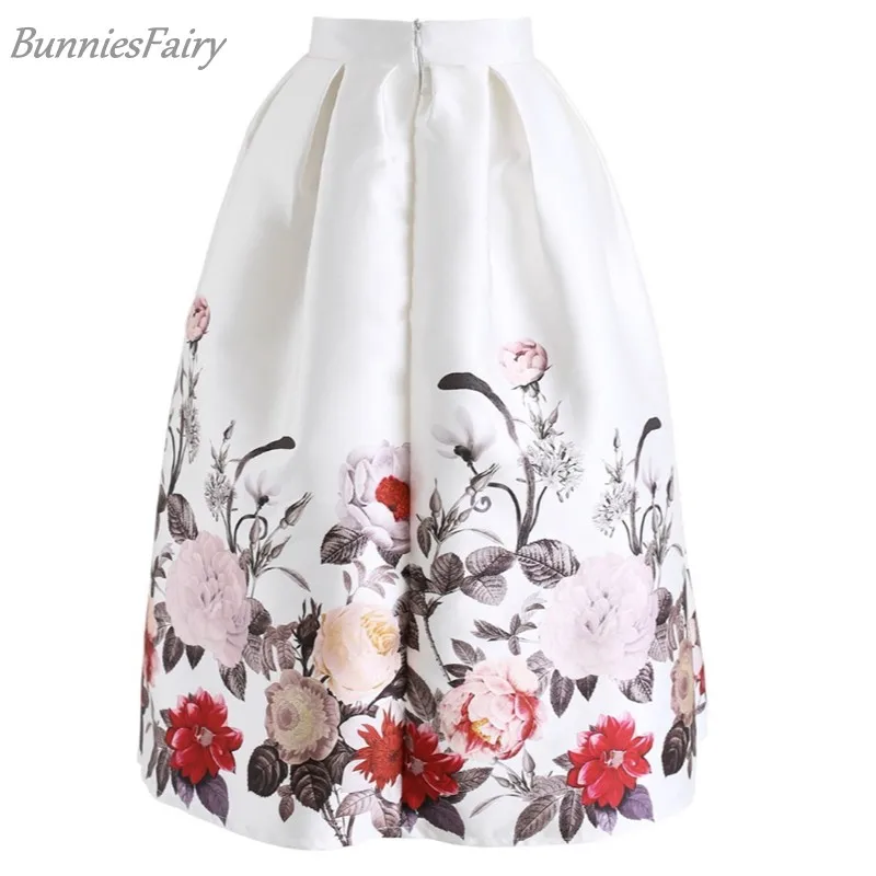 BunniesFairy Весна Новая Женская Свежая Элегантная винтажная Женская Ретро Цветочная печать миди-юбка с высокой талией белая пачка Falda