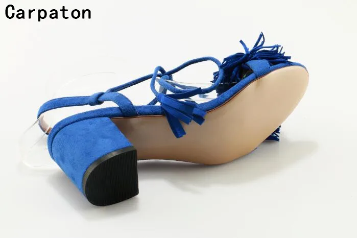 spesifikasi Carpaton Terbuka Toe Sandal Wanita Tinggi Sepatu Tumit Tebal Fringe Desain Renda Sandal Biru Sandal Wanita Manis Party Sepatu