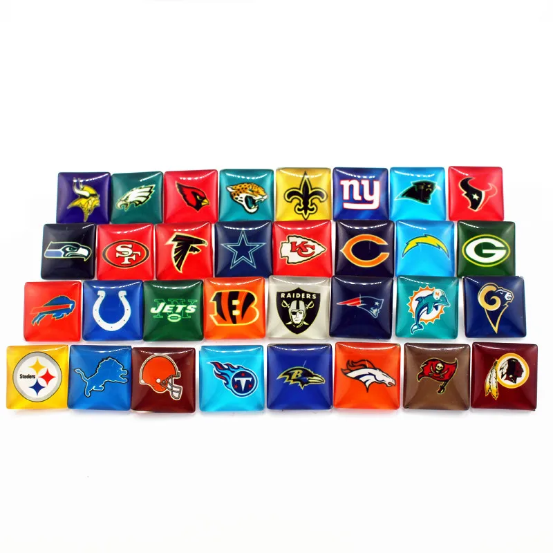 Square NFL Mixs 32 шт./лот, кнопки для спортивной футбольной команды, стеклянные оснастки, Подвески, подходят 18 мм, сделай сам, имбирный браслет, сменные кнопки, ювелирные изделия - Окраска металла: Square NFL