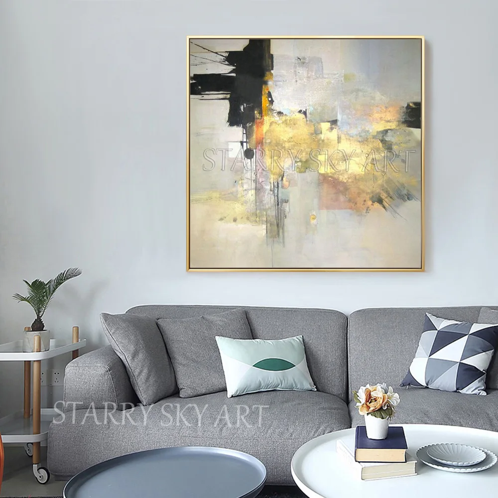 

Skilled Artist Handmade High Quality Golden Colors Abstract Oil Painting on Canvas Golden Foil Abstract Grey Wall Art Picture