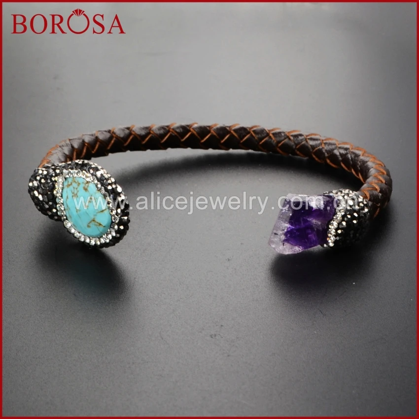 

BOROSA natural pearl & raw purple crystal quartz bangle, blue howlite stone leather wrapped on band druzy bangle pave cz JAB442