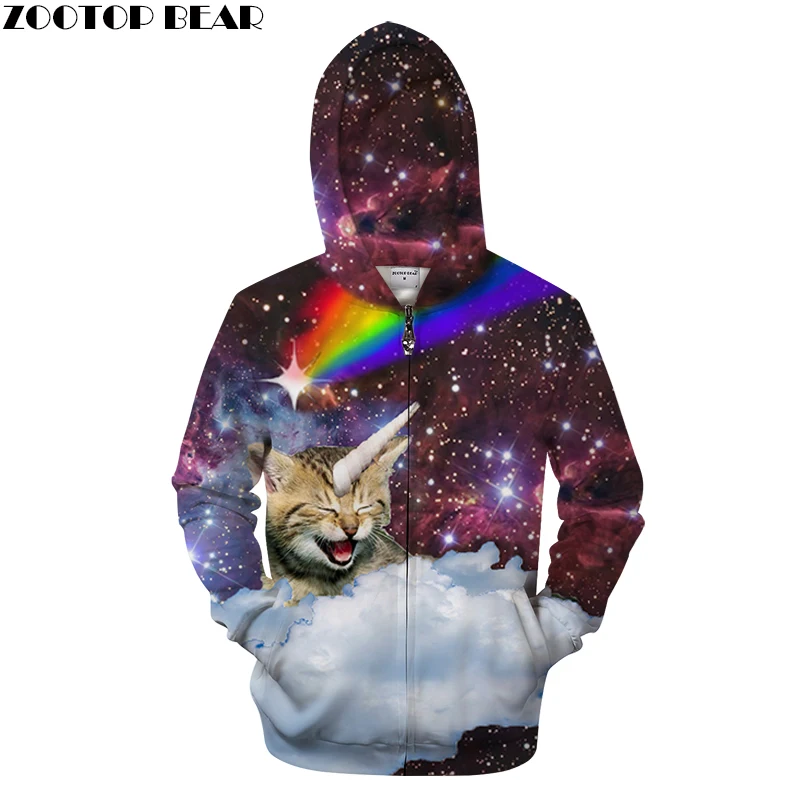 Galaxy Cat толстовки с капюшоном на молнии мужские и женские унисекс Забавные 3D худи