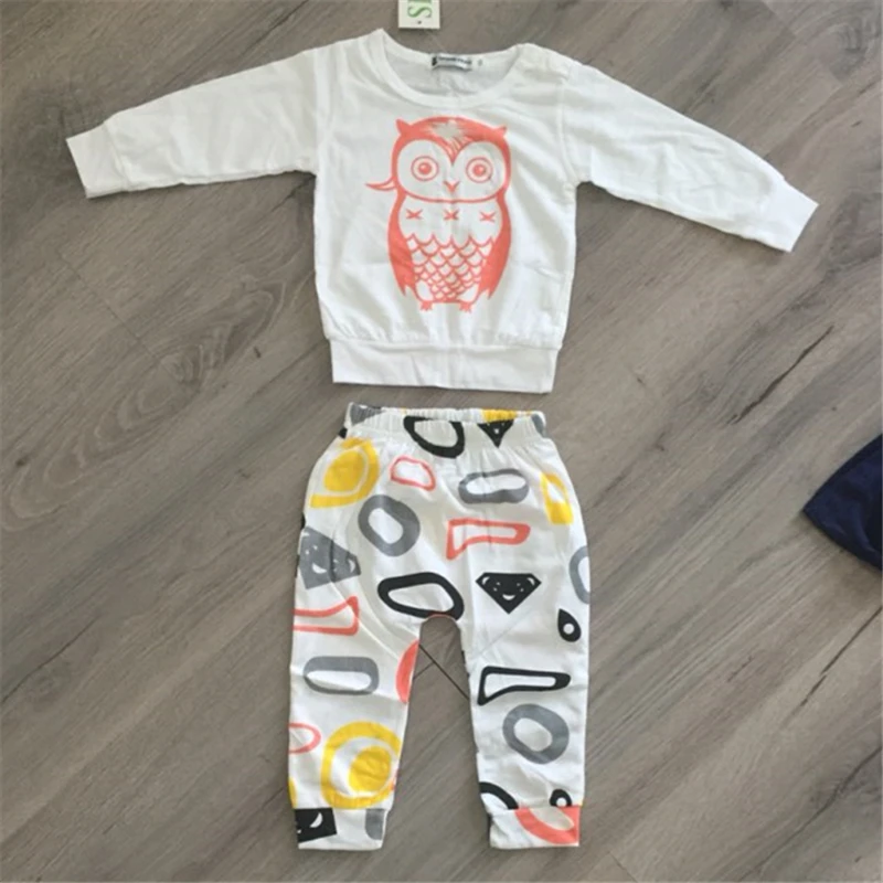 2 шт./комплект футболка с длинным рукавом и штаны принтом совы|baby girl clothing set|baby