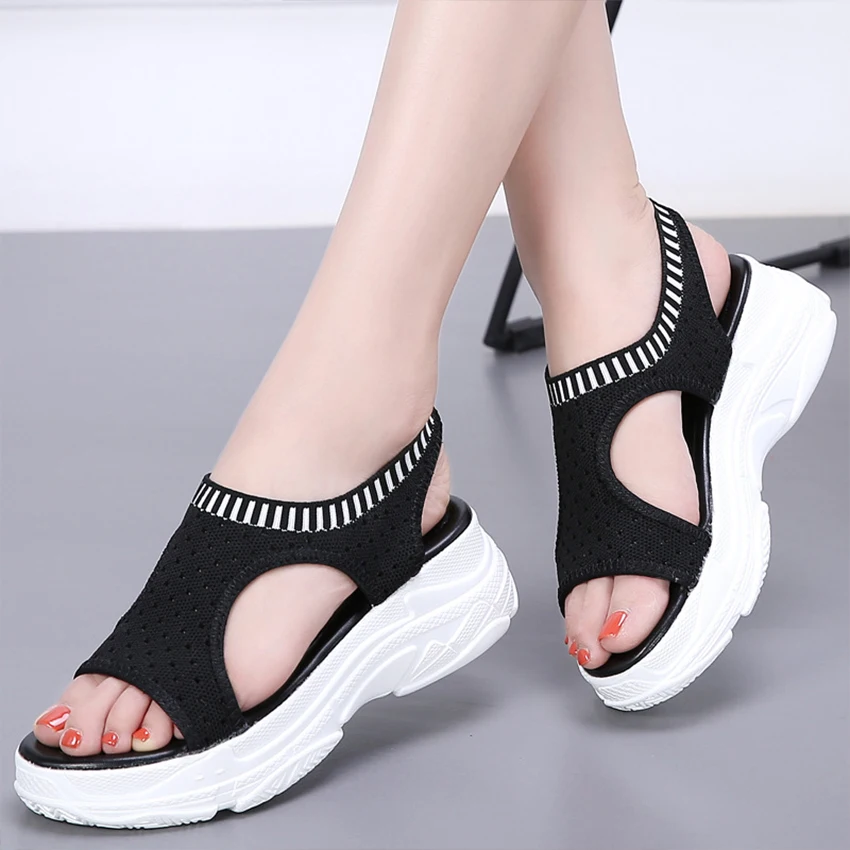 Повседневные эластичные сандалии Женская обувь в Корейском стиле однотонные