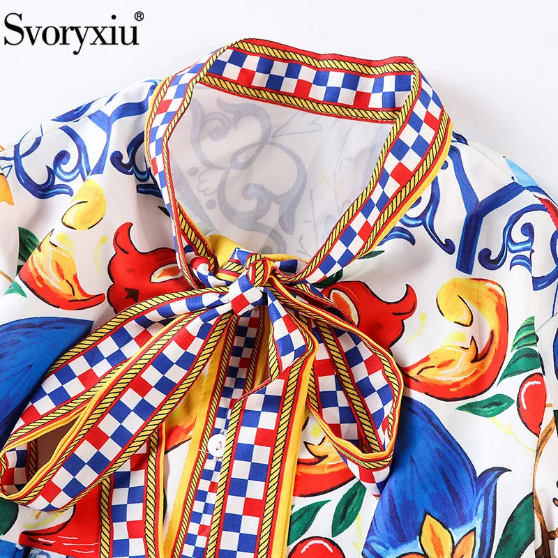 Женский костюм с брюками Svoryxiu, разноцветный костюм-двойка: блузка с длинными рукавами с оборками и брюки до щиколотки, с принтом в стиле росписи по фарфору, на осень